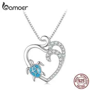 Bamoer, серебро 925 пробы, ожерелье с подвеской в виде черепахи с голубой эмалью, цепочка на шею в форме сердца для женщин, подарок на День Рождения, изысканные ювелирные изделия