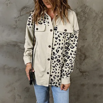 Куртки для женщин 2023, Осенне-зимние Кордовые пальто для женщин, рубашка в стиле пэчворк с леопардовым рисунком, женский Новый кардиган